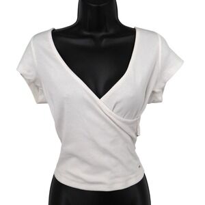 GUESS White Ribbed Wrap Tie Back Cutout Top Cap Sleeve Stretch Size L‎